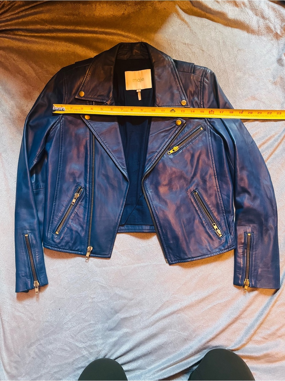 Maje Navy Leather Moto Jacket with Gold Hardware